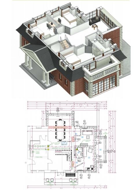 Rzut 3D i 2D domu jednorodzinnego z widocznym układem pomieszczeń, meblami i elementami konstrukcyjnymi.