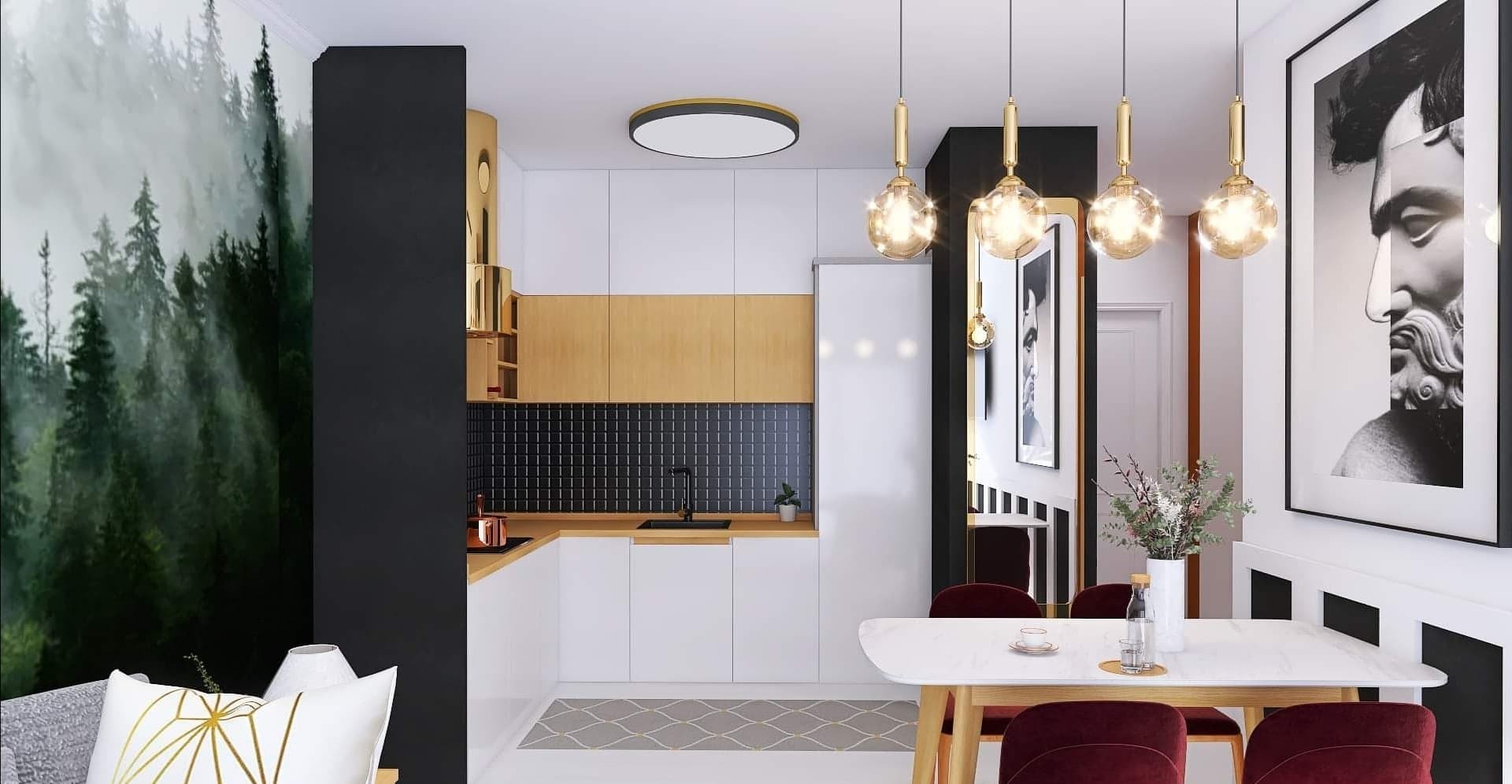 Wizualizacja nowoczesnej kuchni z białymi szafkami, drewnianymi akcentami i czarną mozaiką na ścianie, uzupełniona o jadalnię z białym stołem, burgundowymi krzesłami i dekoracyjnymi lampami...