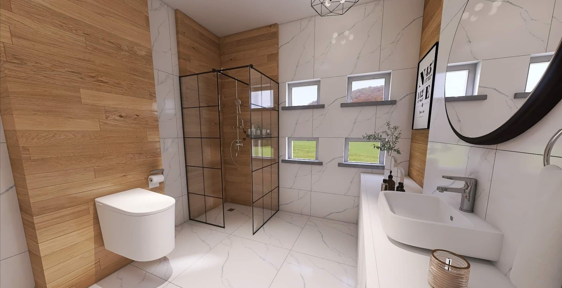 Nowoczesna łazienka z drewnianą ścianą, kabiną prysznicową typu walk-in z czarnymi ramami, umywalką nablatową i czterema małymi oknami z widokiem na zieleń.