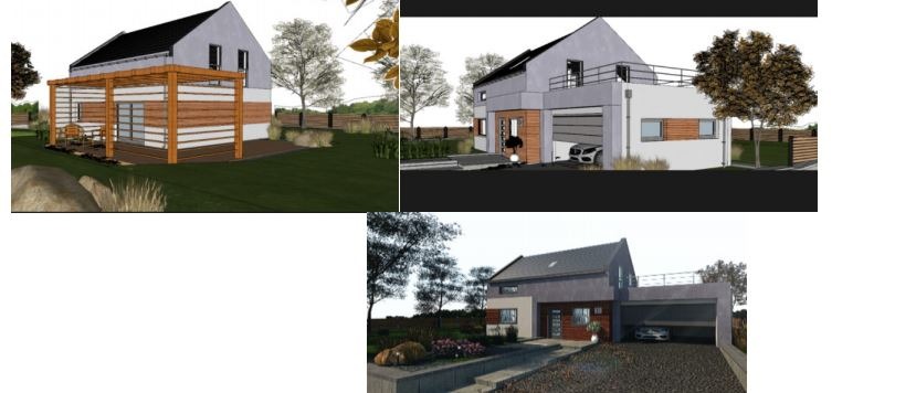 Wizualizacja projektu domu jednorodzinnego z jasną elewacją, drewnianą pergolą i garażem z podjazdem.