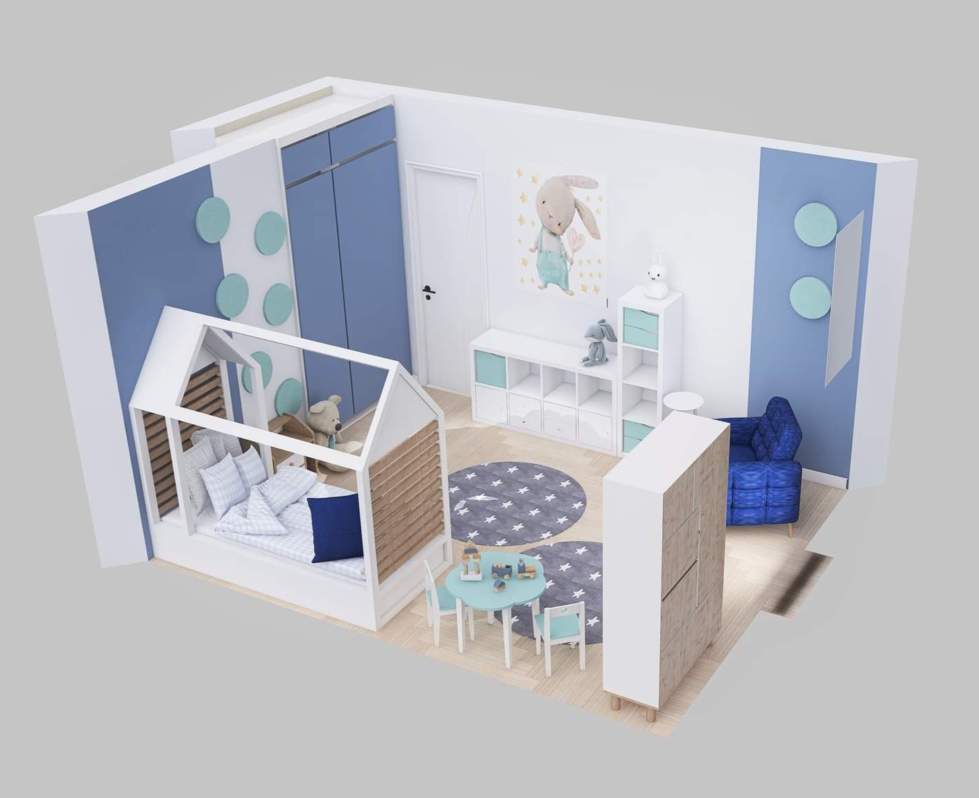 Wizualizacja pokoju dziecięcego z łóżkiem w kształcie domku, okrągłym dywanem w gwiazdy, niebieskim fotelem i pastelową kolorystyką ścian.