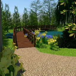 Wizualizacja koncepcji ogrodu botanicznego z drewnianym mostkiem łukowym nad stawem, ścieżką z drobnego żwiru i rabatami z żółtych i niebieskich kwiatów.