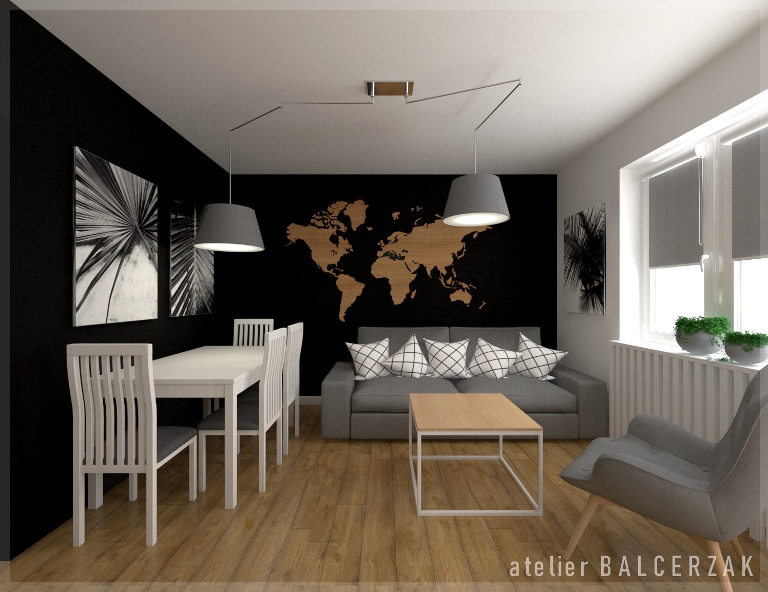 Nowoczesny salon z drewnianą mapą świata na czarnej ścianie, szarą sofą z geometrycznymi poduszkami, białym stołem i krzesłami oraz szarą lampą wiszącą.