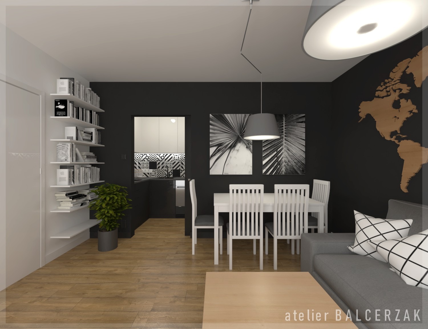 Wizualizacja wnętrza: salon z jadalnią w odcieniach szarości i czerni, drewniana podłoga, białe krzesła i stół, szara sofa z poduszkami w kratę, mapa świata na ścianie, półki z książkami, roślina...
