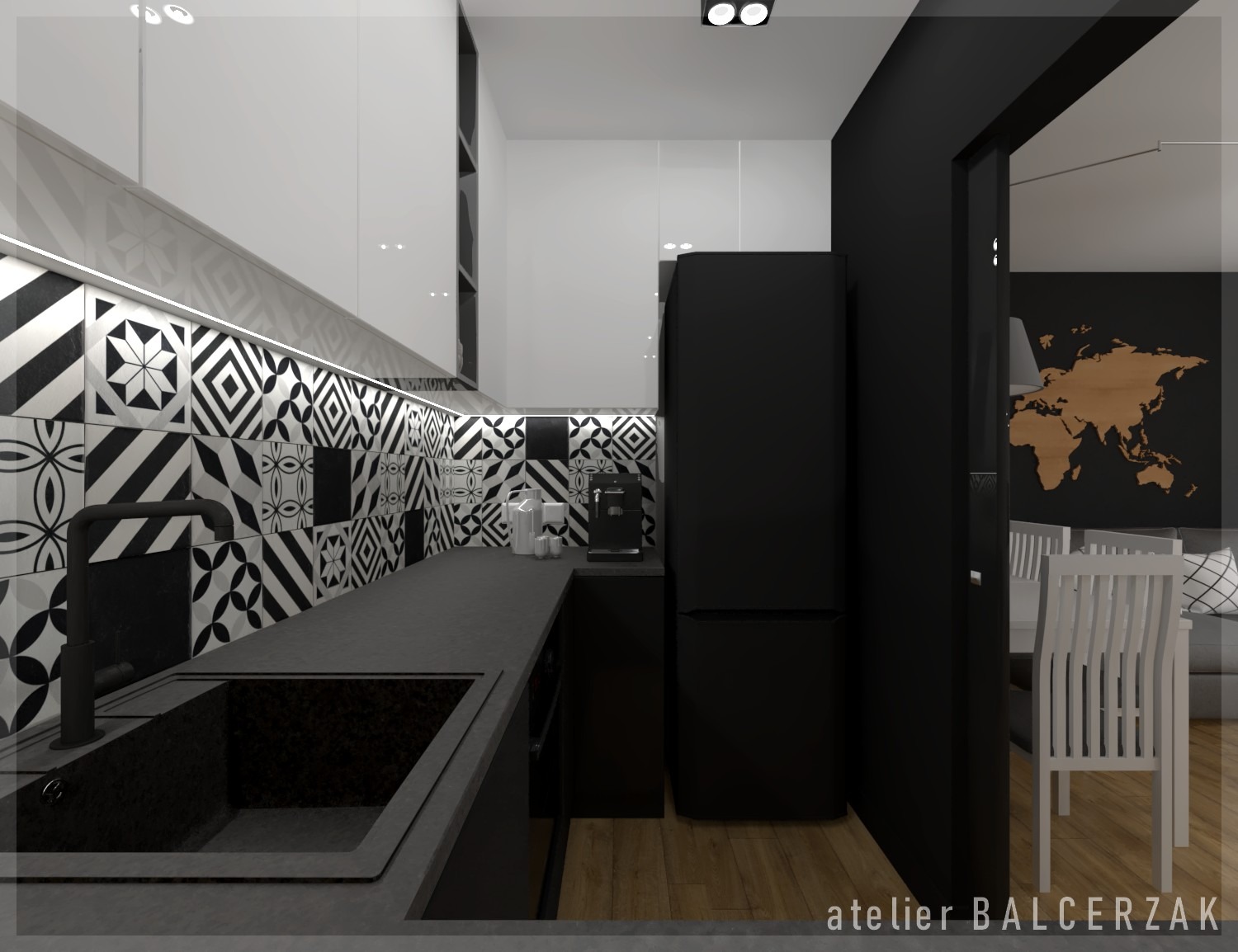 Czarno-biała kuchnia z geometrycznymi płytkami na ścianie, czarnym zlewem i baterią, widok na jadalnię z drewnianą mapą świata na ścianie.