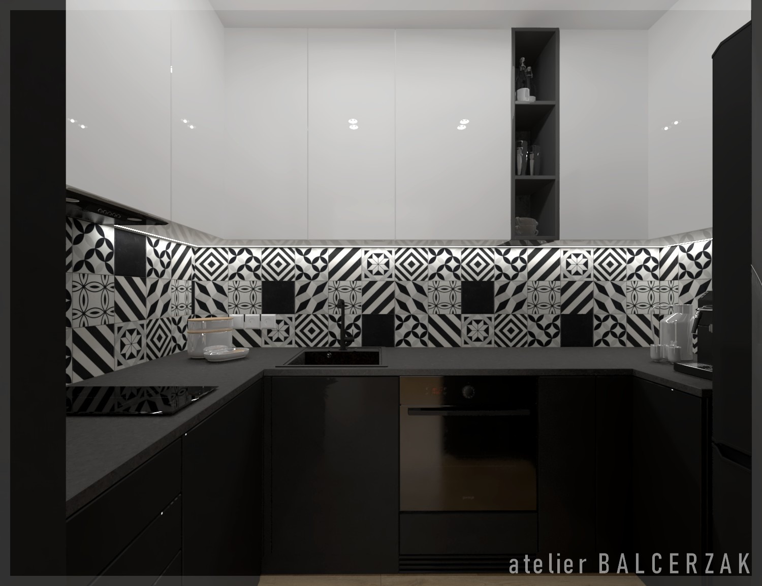 Wizualizacja kuchni w czerni i bieli z geometrycznym wzorem płytek nad blatem, oświetleniem LED podszafkowym i zabudową meblową z połyskiem.