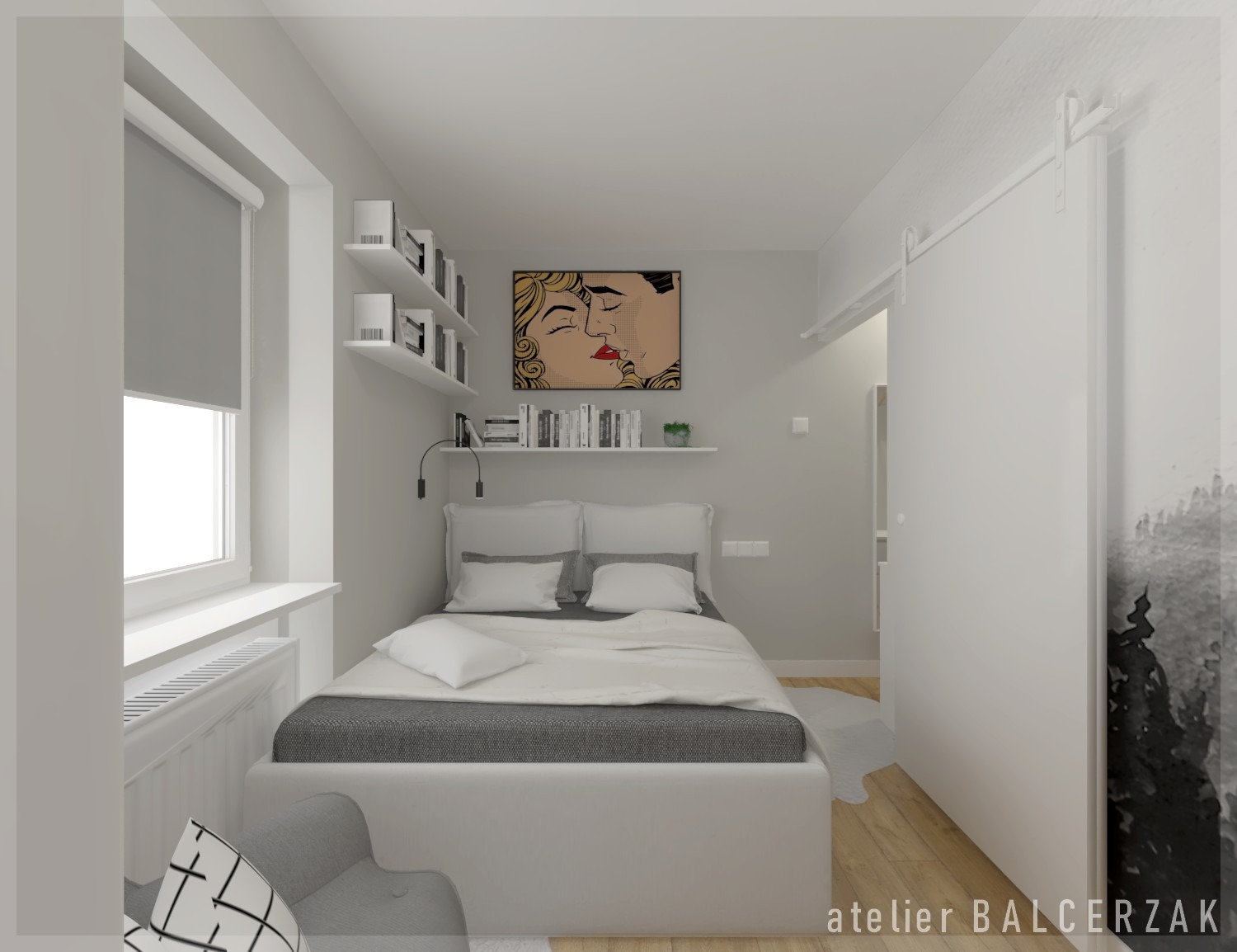Wizualizacja małej sypialni w odcieniach szarości i bieli z łóżkiem, półkami na książki, plakatem w stylu pop-art i przesuwnymi drzwiami z motywem akwareli.