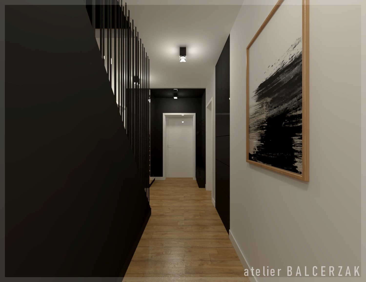 Wizualizacja korytarza z drewnianą podłogą, czarną ścianą ze schodami i ażurową balustradą, białą ścianą z abstrakcyjnym obrazem w ramie, oraz białymi drzwiami w głębi.