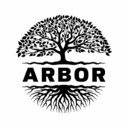 Czarno-białe logo firmy budowlanej przedstawiające stylizowane drzewo z koroną z liści i korzeniami, z napisem 'ARBOR' pośrodku.