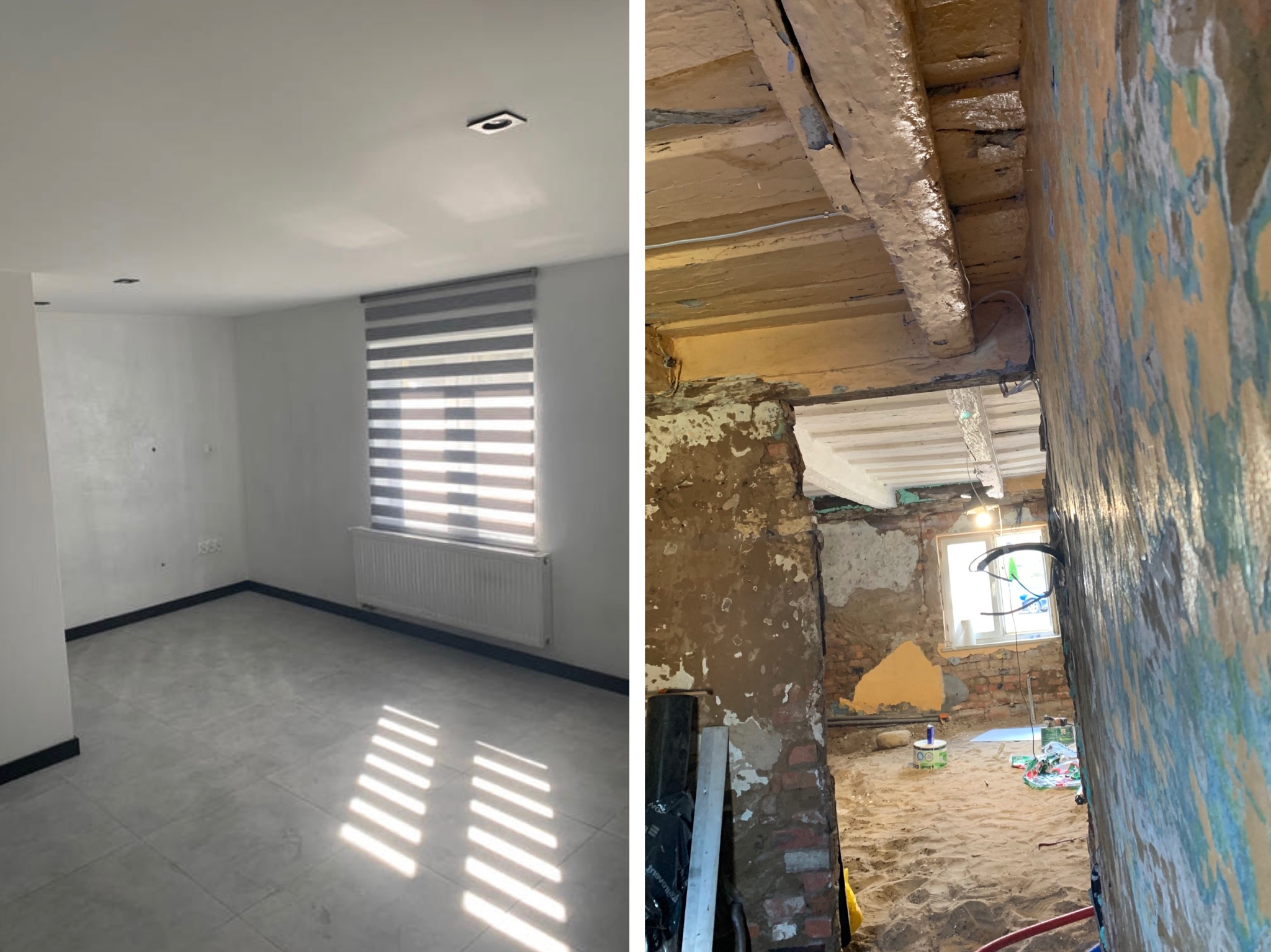 Porównanie stanu pokoju przed i w trakcie remontu: wykończone wnętrze z szarymi płytkami podłogowymi i surowe ściany z odsłoniętą cegłą i drewnianym stropem.