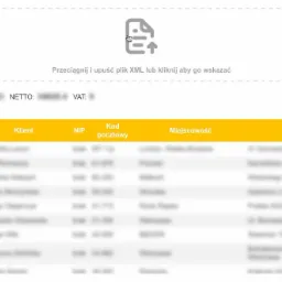 Interfejs aplikacji webowej do konwersji plików faktur, prezentujący tabelę z danymi: data wystawienia, klient, NIP, kod pocztowy, miejscowość, ulica, kwota netto i VAT, z opcją importu pliku XML...