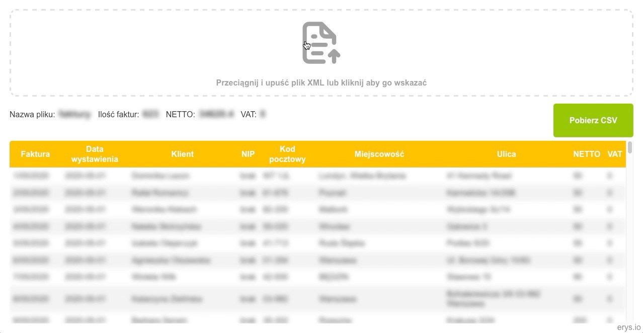 Interfejs aplikacji webowej do konwersji plików faktur, prezentujący tabelę z danymi: data wystawienia, klient, NIP, kod pocztowy, miejscowość, ulica, kwota netto i VAT, z opcją importu pliku XML...