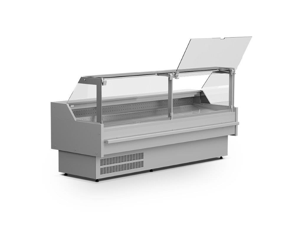 Profesjonalna, pusta lada chłodnicza ekspozycyjna z podnoszoną szybą, widok z przodu, oświetlenie studyjne na białym tle.