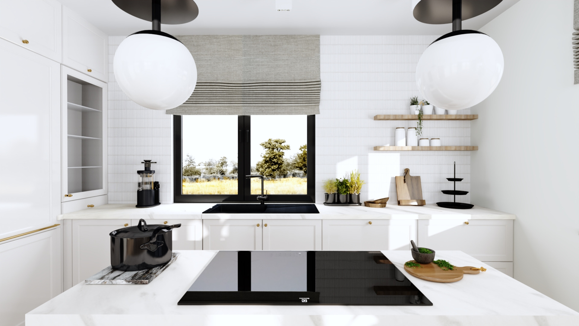 Jasna kuchnia w stylu minimalistycznym z marmurowym blatem, czarną płytą indukcyjną i widokiem na zieleń za oknem.