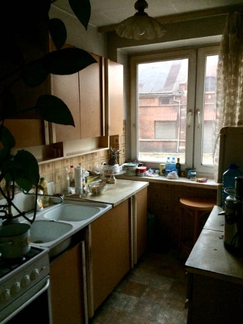 Wnętrze kuchni z dwukomorowym zlewozmywakiem, brązowymi szafkami i oknem z widokiem na ceglany budynek, oświetlone lampą wiszącą z kloszem w stylu retro.