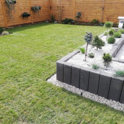 Dany Garden - Nowoczesny ogród z równo przystrzyżonym trawnikiem, drewnianym ogrodzeniem i podwyższoną rabatą z białymi kamieniami i ozdobnymi drzewkami iglastymi.