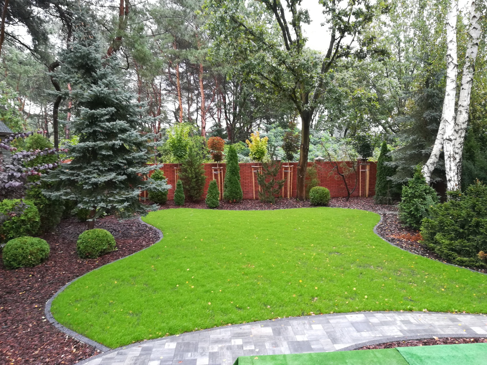 Starannie utrzymany trawnik z precyzyjnie wytyczonymi krawędziami, obrzeżami z kostki brukowej i korą, różnorodne drzewa i krzewy w tle, ceglany mur w oddali.