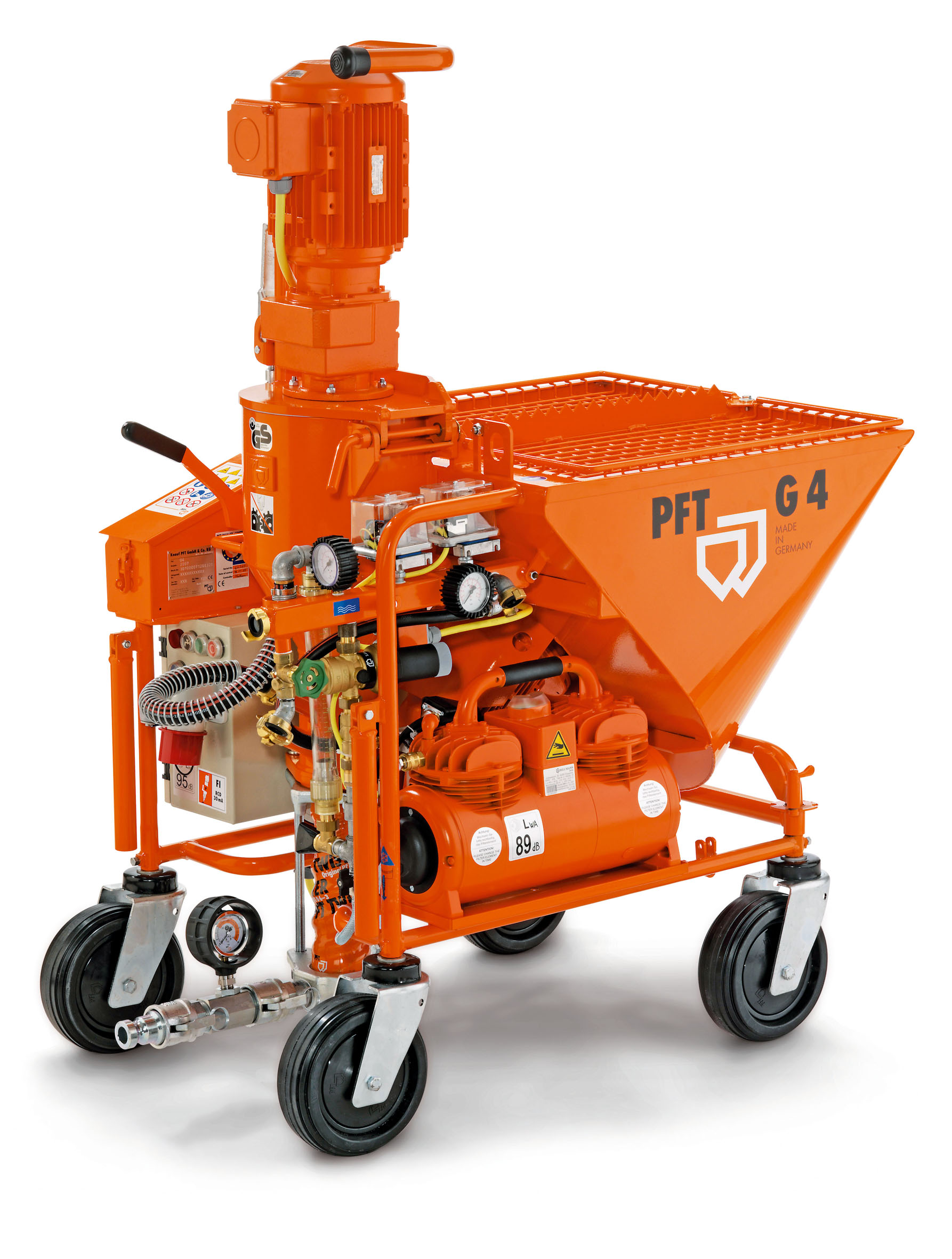 Agregat tynkarski PFT G4 w kolorze pomarańczowym, widok z boku, z detalami takimi jak manometry, silnik i zbiornik z oznaczeniem producenta.