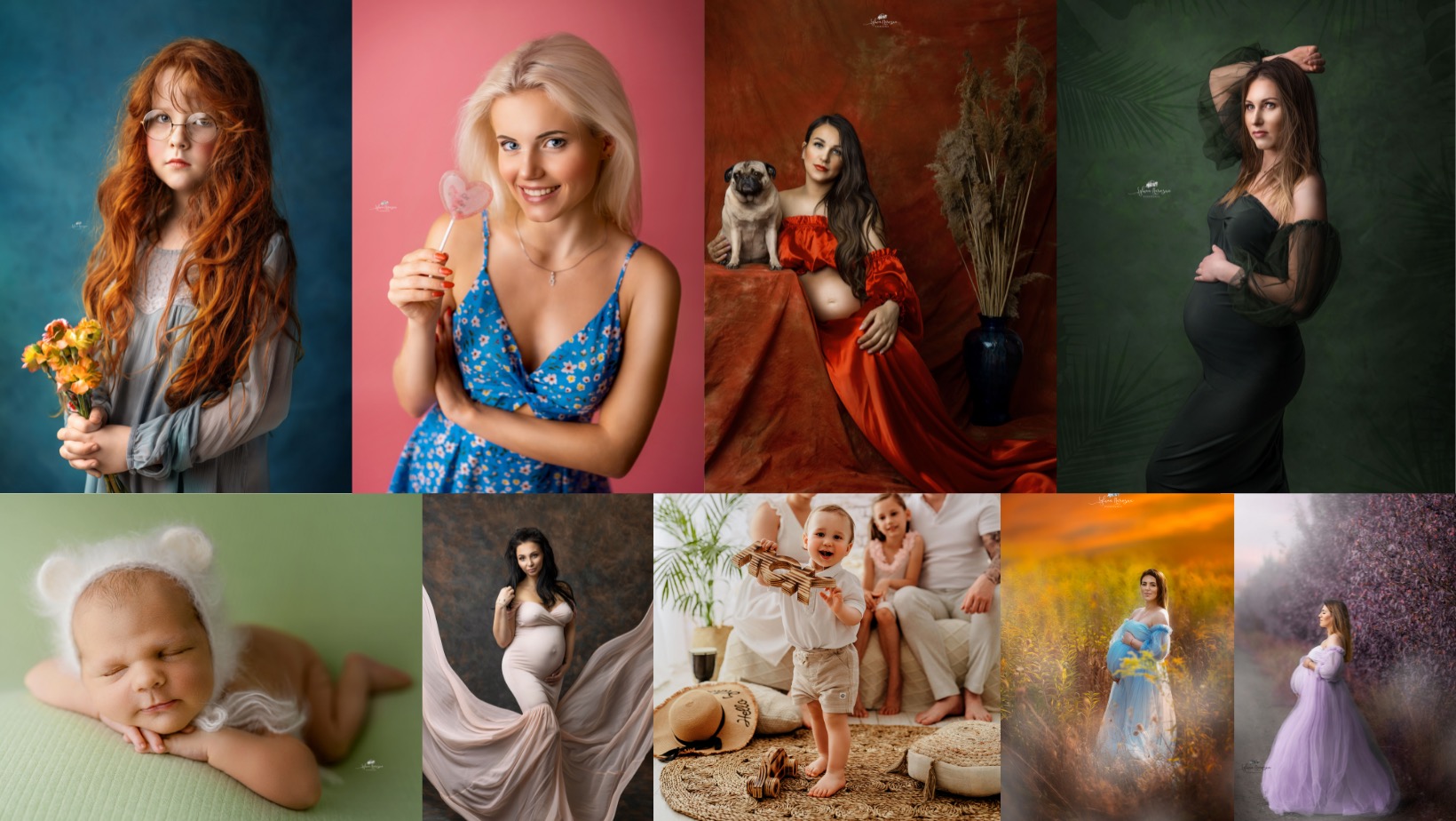 Kolaż zdjęć przedstawiający różne sesje fotograficzne: dziewczynka z rudymi włosami trzymająca bukiet kwiatów, kobieta z lizakiem, kobieta w ciąży z psem rasy pug, kobieta w ciąży na tle roślin...