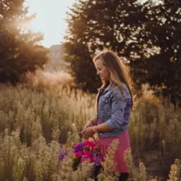 Młoda kobieta z długimi włosami w dżinsowej kurtce i różowej sukience niesie koszyk pełen różowych i fioletowych kwiatów na łące w promieniach zachodzącego słońca.