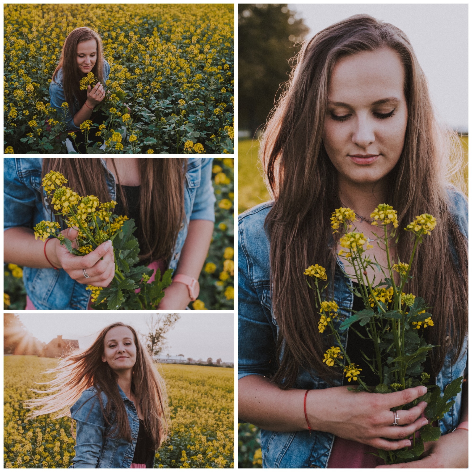 Kolaż portretowy kobiety w dżinsowej kurtce na tle kwitnącego na żółto pola rzepaku, trzymającej bukiet tych kwiatów.
