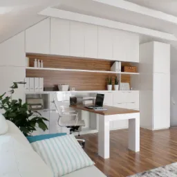 Jasny gabinet na poddaszu z biurkiem, laptopem, białymi meblami w zabudowie i drewnianymi akcentami, widok z perspektywy sofy z poduszkami.