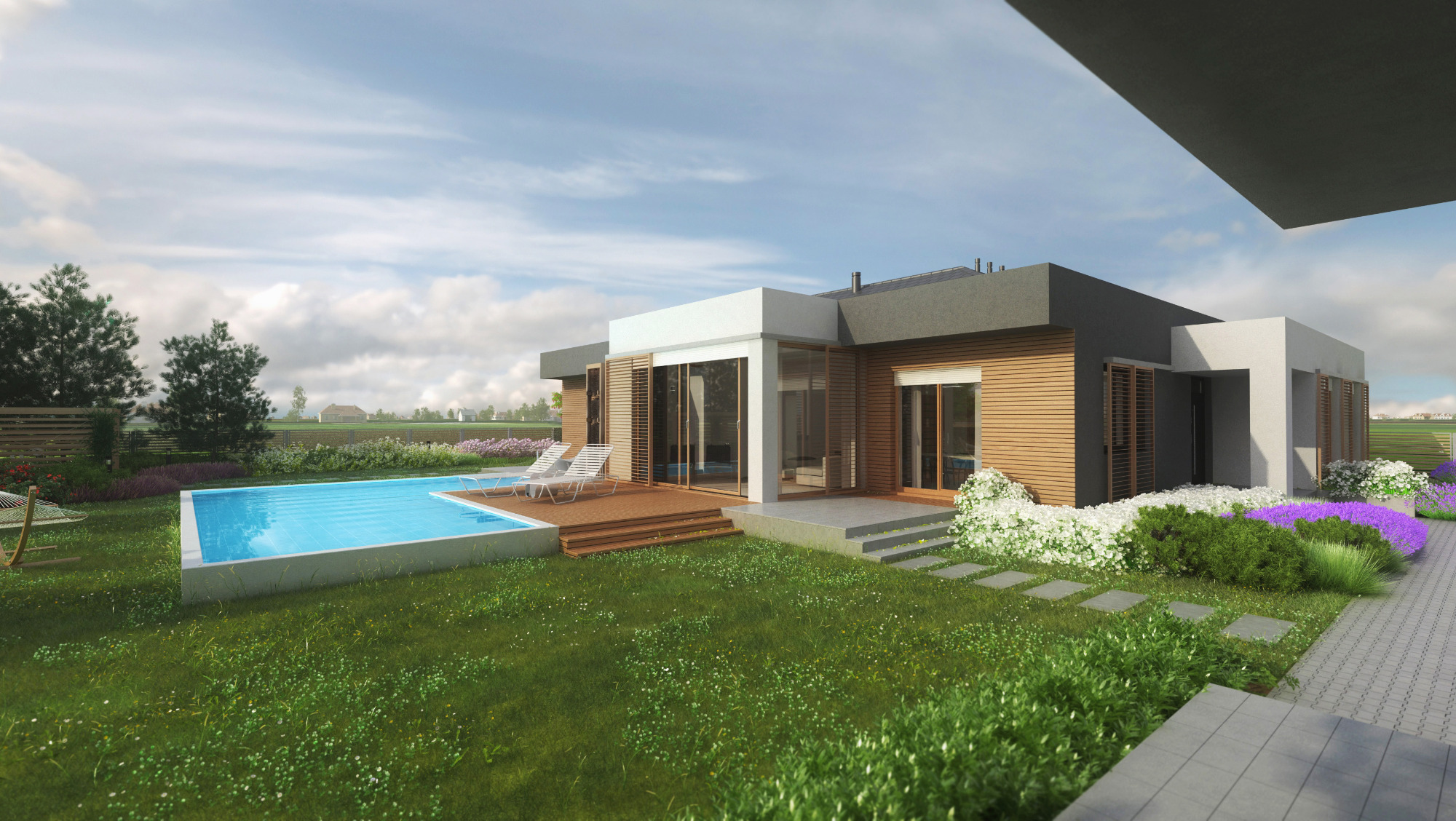 Wizualizacja nowoczesnego domu jednorodzinnego z basenem, drewnianą elewacją i starannie zaprojektowanym ogrodem z kwitnącymi rabatami.