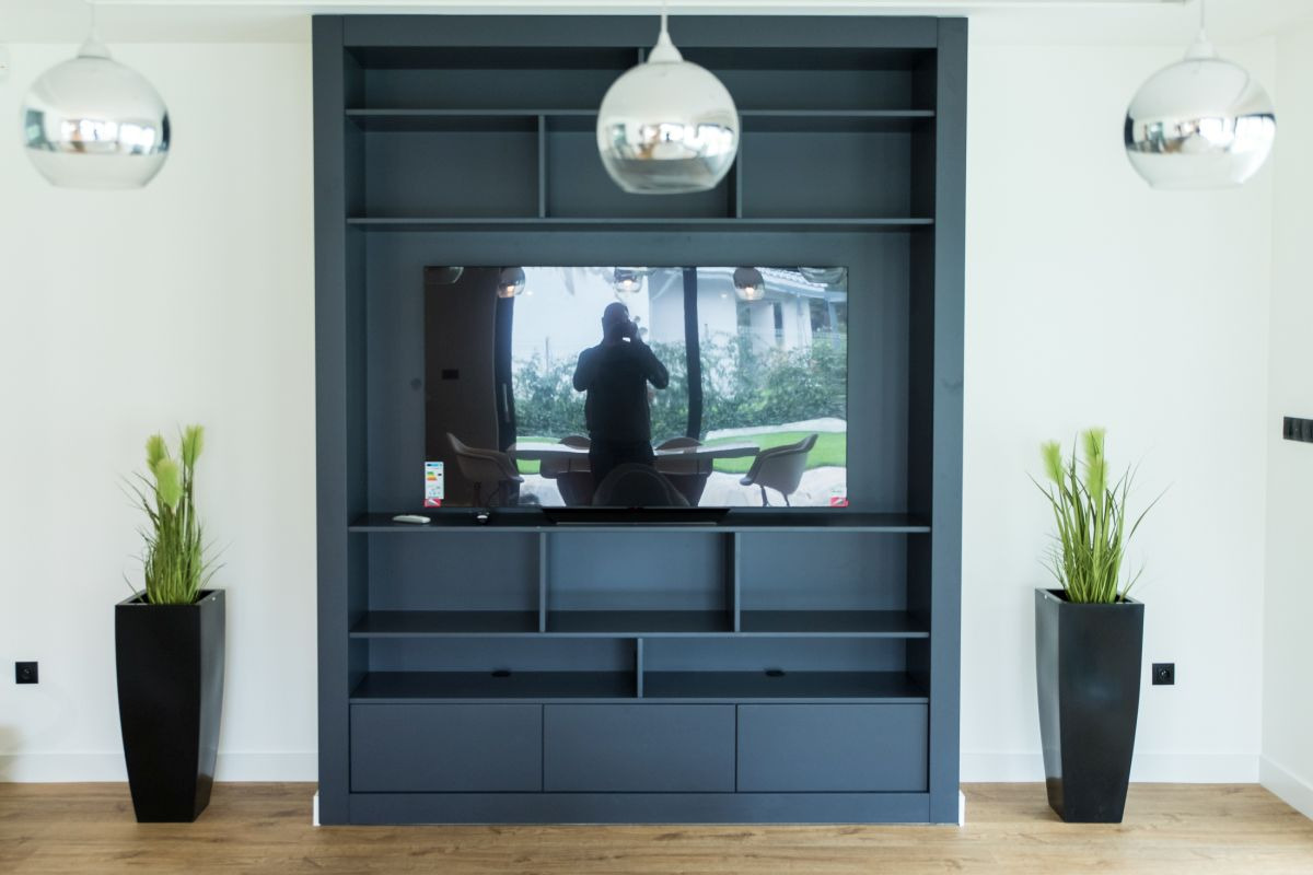 Niebiesko-szara zabudowa ściany z półkami i szafkami, z telewizorem w centralnej części, otoczona symetrycznie rozmieszczonymi roślinami w czarnych donicach i okrągłymi lampami sufitowymi.