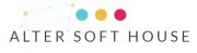 Logo firmy Alter Soft House z trzema kolorowymi kropkami (turkusowa, żółta, różowa) i szarym tekstem nazwy firmy.