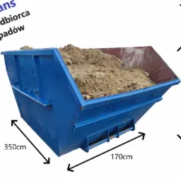 Niebieski kontener na gruz o pojemności 7m3, wypełniony ziemią i gruzem, z naniesionymi wymiarami 350x170x150 cm oraz logo firmy 'S-trans Twój odbiorca odpadów'.