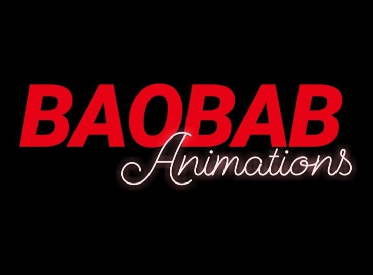Logo firmy Baobab Animations z czerwonym napisem 'BAOBAB' i białym, ozdobnym 'Animations' na czarnym tle.