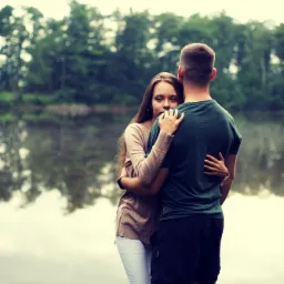 Para obejmująca się na drewnianym pomoście nad jeziorem, kobieta spogląda w obiektyw, w tle widoczny las i odbicie w wodzie.
