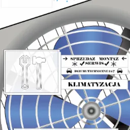 Ulotka reklamowa firmy Safe Cold z ofertą sprzedaży, montażu i serwisu systemów klimatyzacji, z numerem telefonu i adresem e-mail, na tle wentylatora.