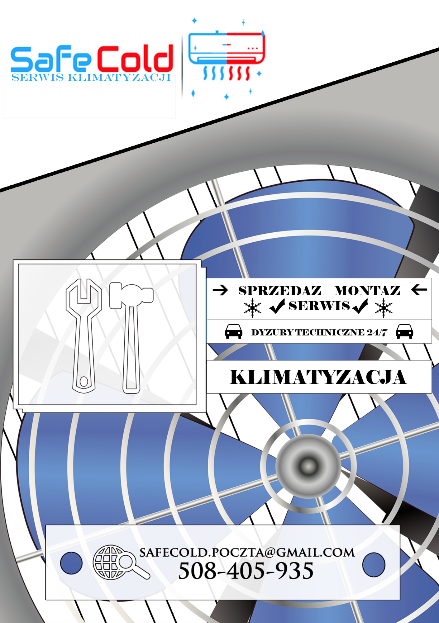 Ulotka reklamowa firmy Safe Cold z ofertą sprzedaży, montażu i serwisu systemów klimatyzacji, z numerem telefonu i adresem e-mail, na tle wentylatora.