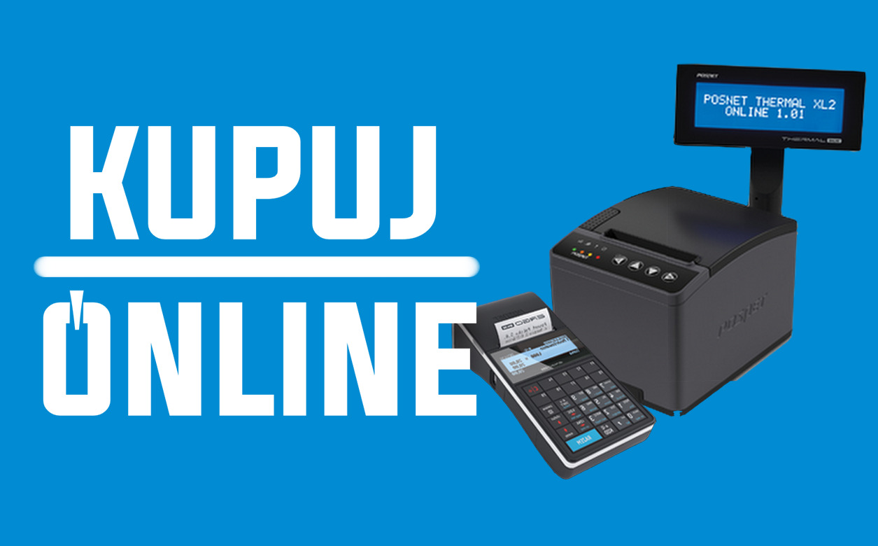 Zestaw urządzeń POSNET: terminal dotykowy z drukarką paragonów i wyświetlaczem klienta na niebieskim tle z napisem 'KUPUJ ONLINE'.