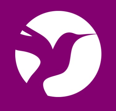 Purpurowo-białe logo przedstawiające stylizowanego ptaka w locie na tle białego okręgu, z elementem gałęzi drzewa po lewej stronie.