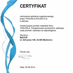 Certyfikat ukończenia szkolenia organizowanego przez TIKKURILA POLSKA S.A.