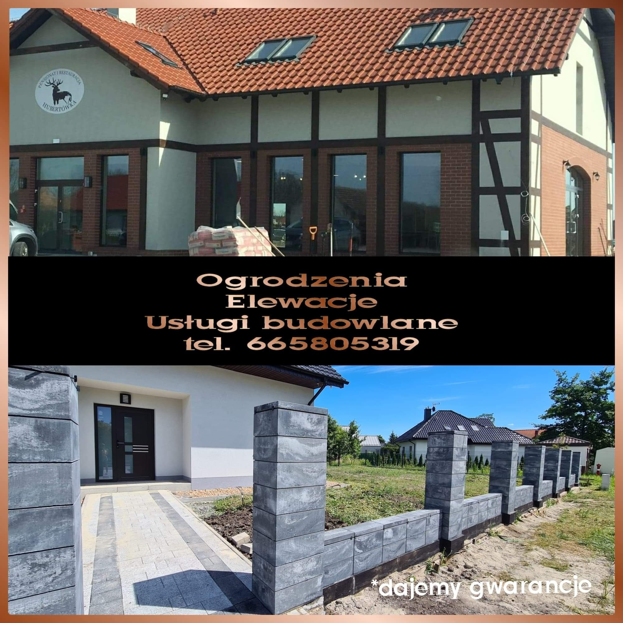 Nowoczesne ogrodzenie z szarej kostki betonowej w Kobierzycach, widok na budynek z elewacją w stylu rustykalnym.