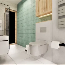 Wizualizacja nowoczesnej łazienki z podwójną umywalką, kabiną prysznicową z czarnymi ramami, wiszącą toaletą i zieloną, teksturowaną ścianą.