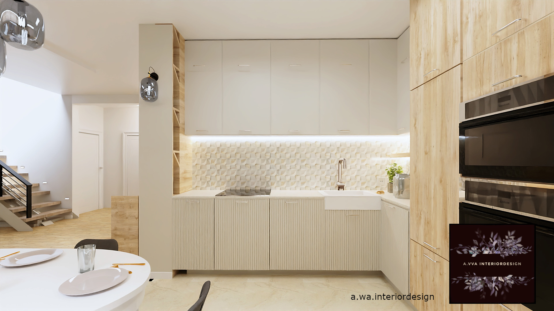Wizualizacja wnętrza domu jednorodzinnego w Warszawie Wawer: nowoczesna kuchnia z białymi i drewnianymi szafkami, geometryczny panel ścienny, okrągły stół z nakryciami w tle schodów.