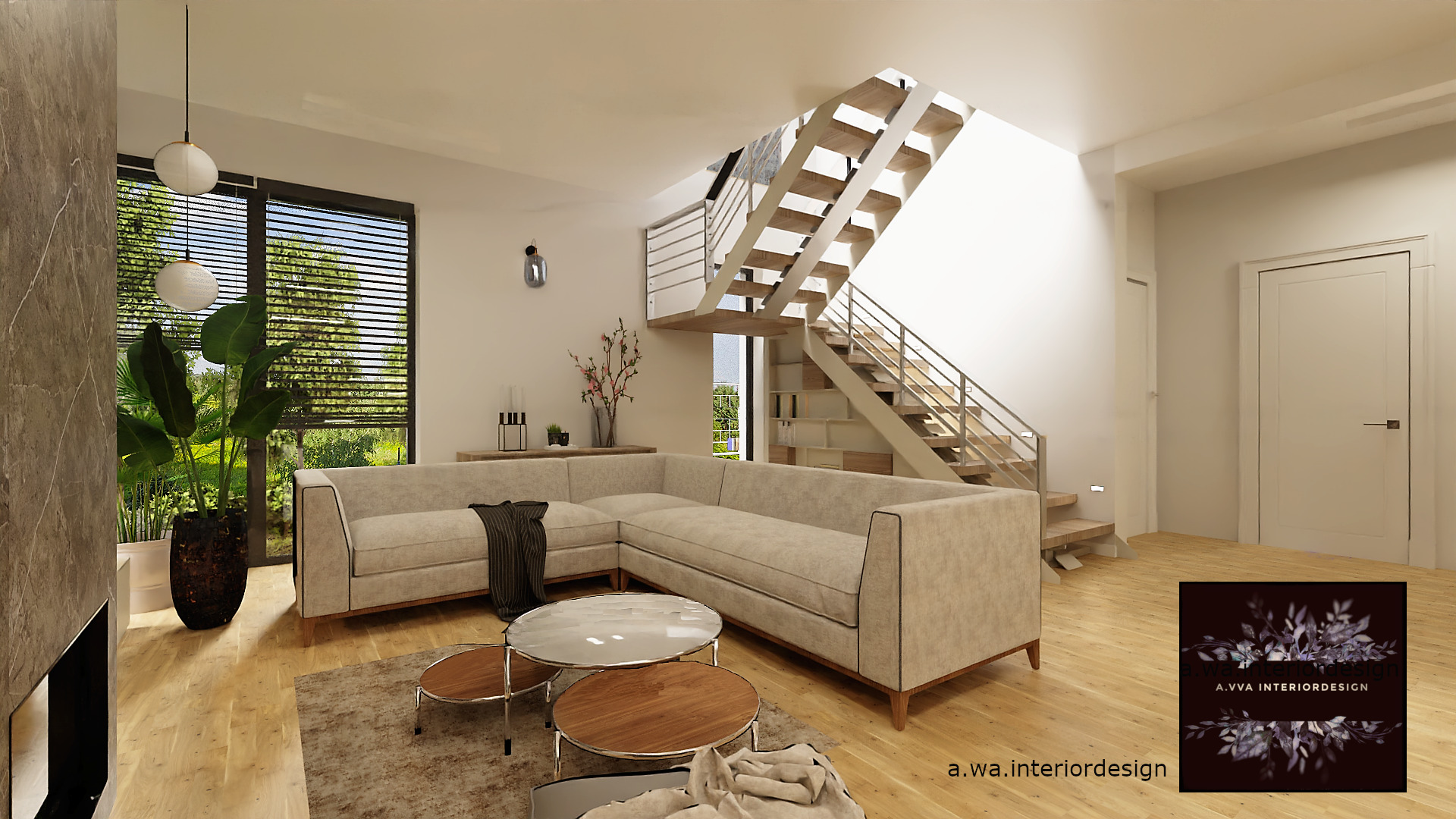 Wizualizacja salonu w domu jednorodzinnym: narożna sofa w beżowym odcieniu, stoliki kawowe z drewnianymi blatami, schody z metalowymi barierkami, duża roślina doniczkowa przy oknie z żaluzjami.