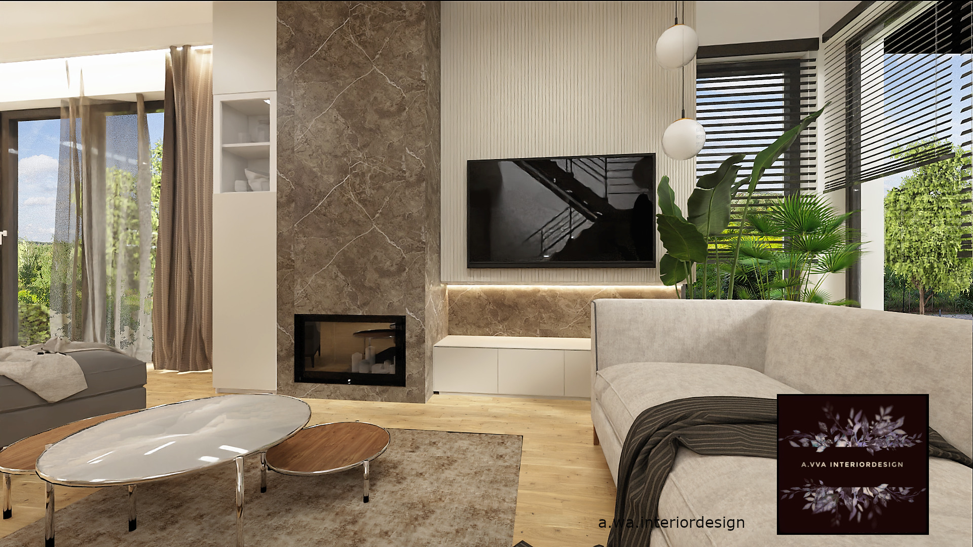 Salon w domu jednorodzinnym w Warszawie Wawer: marmurowa ściana z kominkiem, telewizor, beżowa sofa z pledem, stoliki kawowe i widok na ogród przez okno.