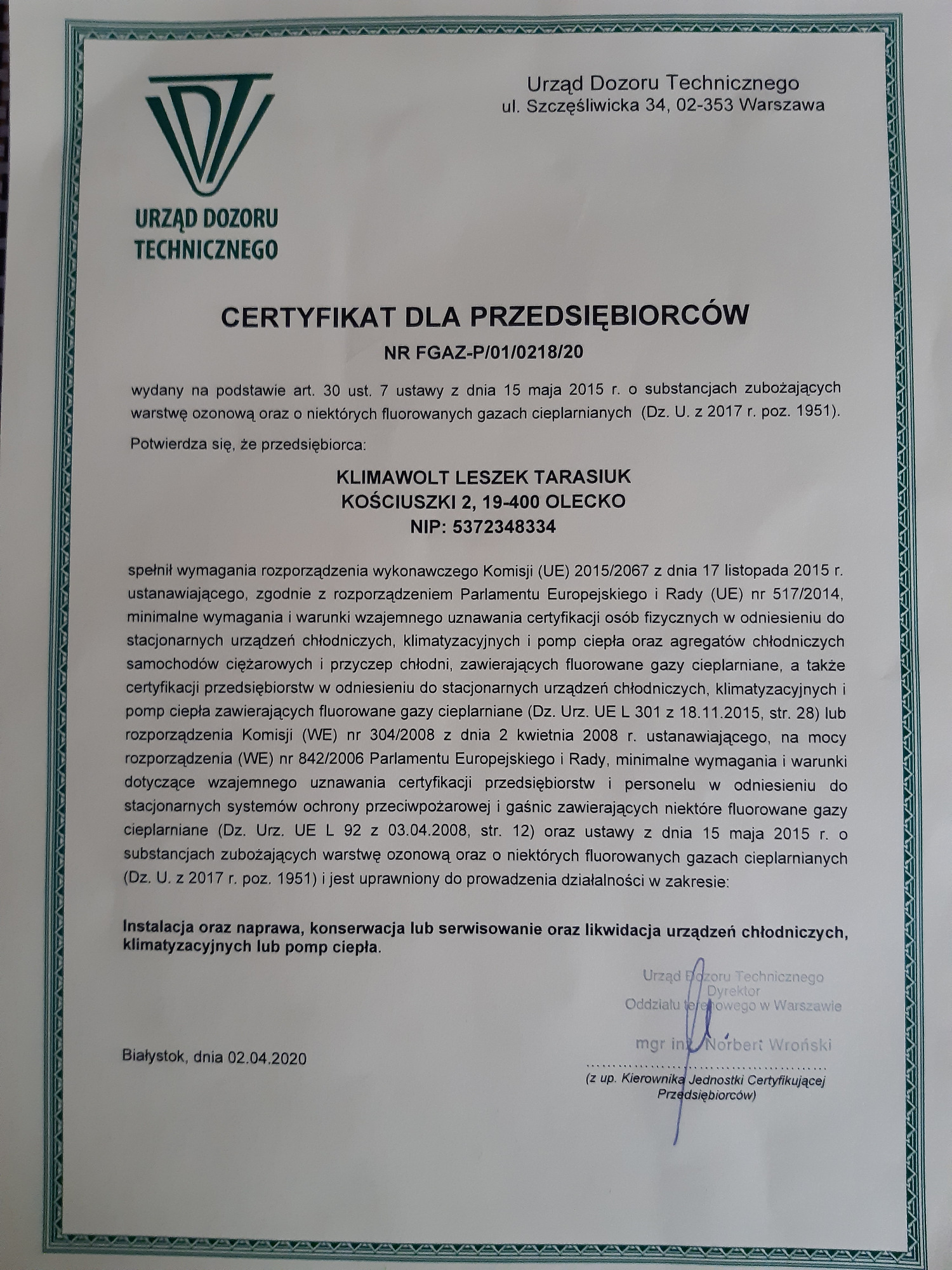 certyfikat UDT F-Gazy