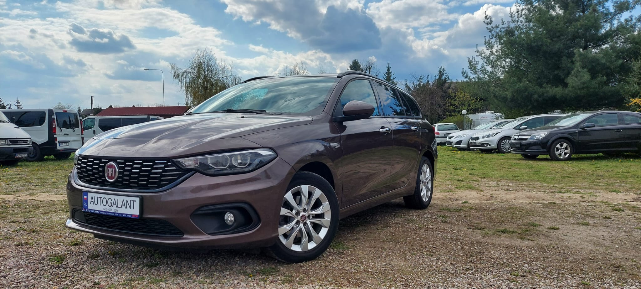 Brązowy Fiat Tipo kombi z salonu Autogalant na tle innych samochodów i pochmurnego nieba.