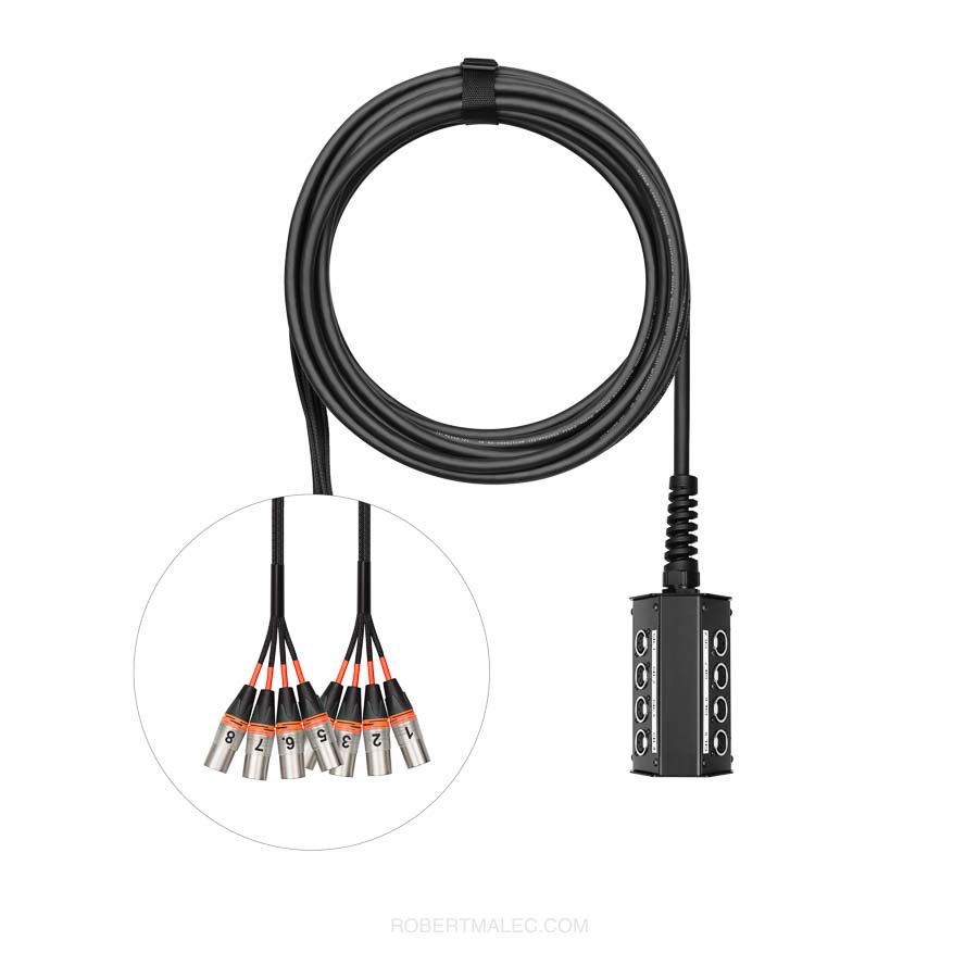 Kabel audio z rozgałęźnikiem i numerowanymi wtykami XLR, ułożony w okrąg. Widoczny czarny oplot i metalowe elementy. Zdjęcie typu packshot na białym tle.