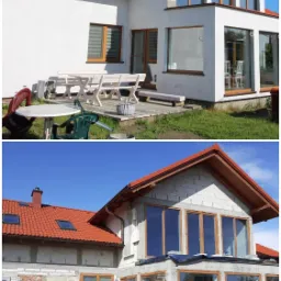 Por&oacute;wnanie stanu elewacji domu przed i w trakcie prac: od wykończonej białej elewacji z tarasem do surowego stanu z cegły i bloczk&oacute;w, z widocznymi oknami i czerwoną dach&oacute;wką.