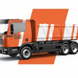 Pomarańczowa ciężarówka wywrotka z białymi pasami na naczepie i logo firmy KWAR na kabinie, na białym tle z pomarańczowym gradientem.