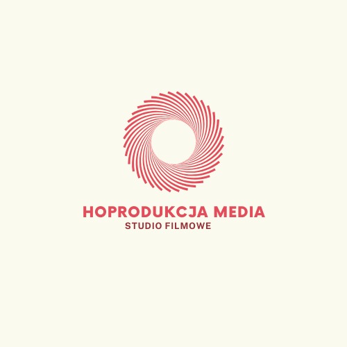Logo firmy Hoprodukcja Media, studio filmowe, z abstrakcyjnym czerwonym symbolem wiru.