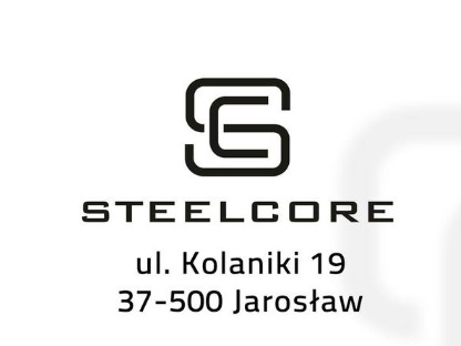 Logo firmy STEELCORE z adresem ul. Kolaniki 19, 37-500 Jarosław. Logo przedstawia stylizowany kwadrat z literami SC w środku.