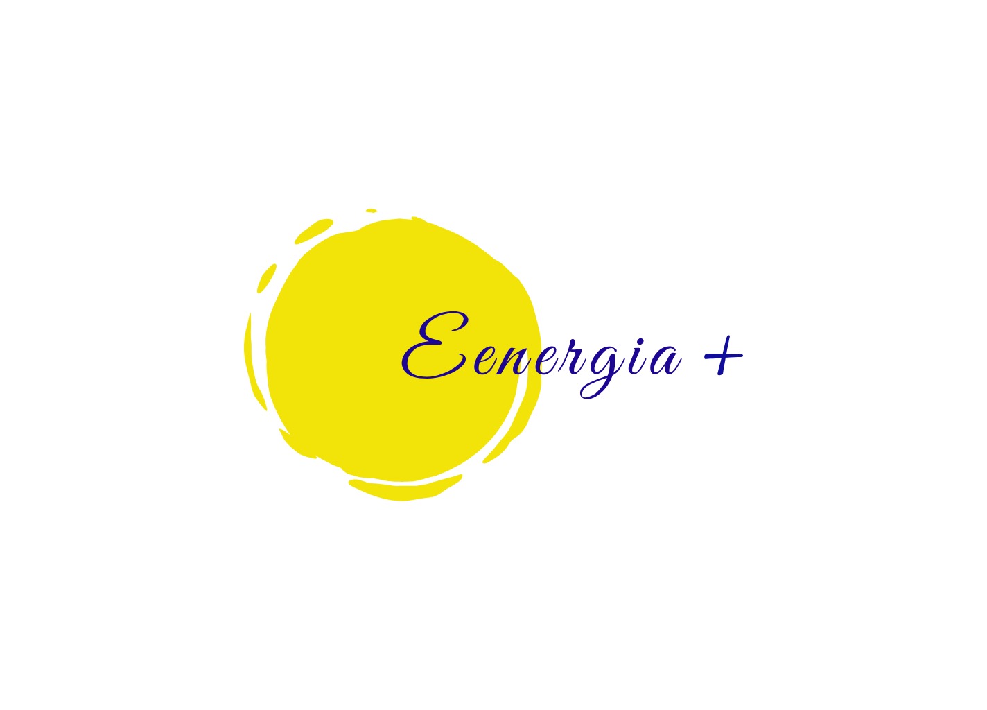 Stylizowane słońce z napisem 'Energia +' w kolorze granatowym na białym tle.